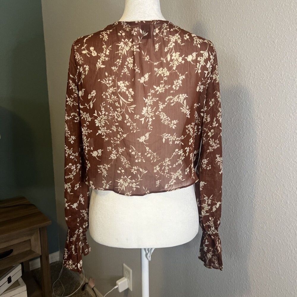Princess Polly Brown/Rust Floral Ruffle Wrap Shirt Size 4 - Picture 3 of 9